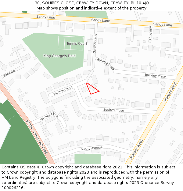 30, SQUIRES CLOSE, CRAWLEY DOWN, CRAWLEY, RH10 4JQ: Location map and indicative extent of plot