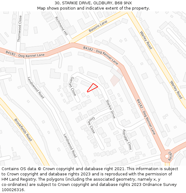 30, STARKIE DRIVE, OLDBURY, B68 9NX: Location map and indicative extent of plot