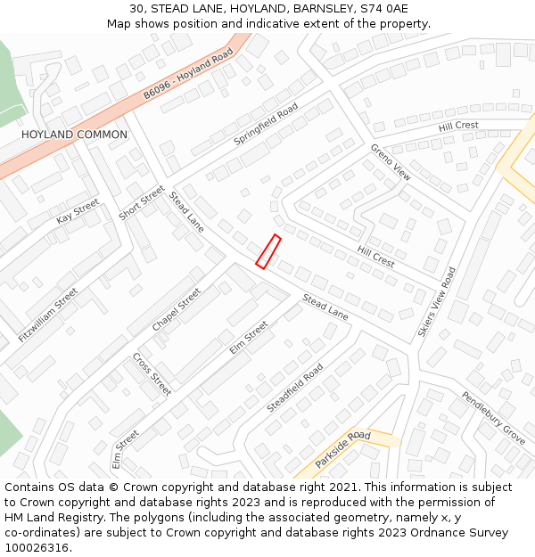 30, STEAD LANE, HOYLAND, BARNSLEY, S74 0AE: Location map and indicative extent of plot