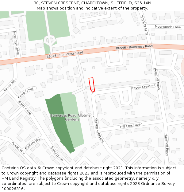 30, STEVEN CRESCENT, CHAPELTOWN, SHEFFIELD, S35 1XN: Location map and indicative extent of plot