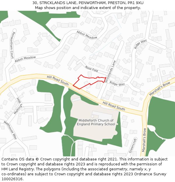 30, STRICKLANDS LANE, PENWORTHAM, PRESTON, PR1 9XU: Location map and indicative extent of plot