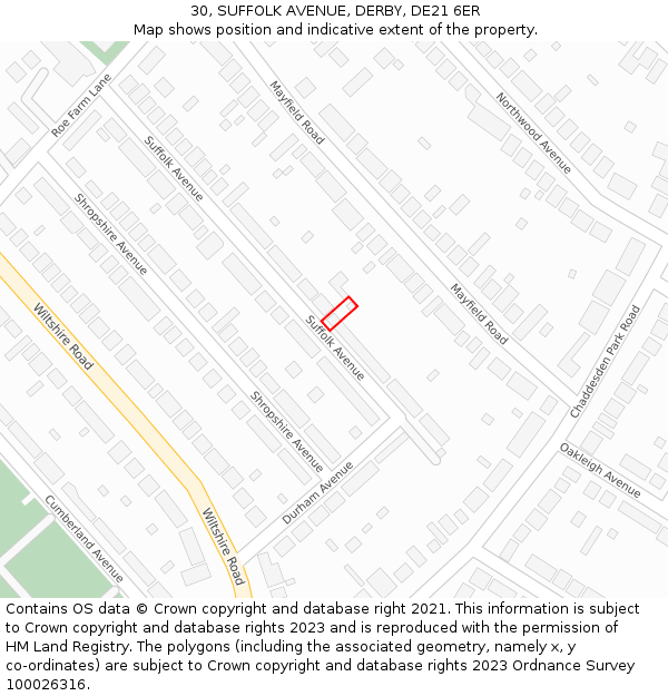 30, SUFFOLK AVENUE, DERBY, DE21 6ER: Location map and indicative extent of plot