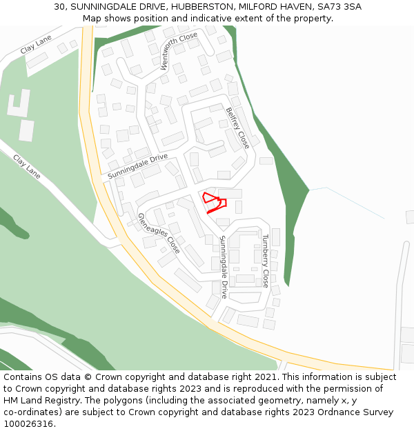 30, SUNNINGDALE DRIVE, HUBBERSTON, MILFORD HAVEN, SA73 3SA: Location map and indicative extent of plot