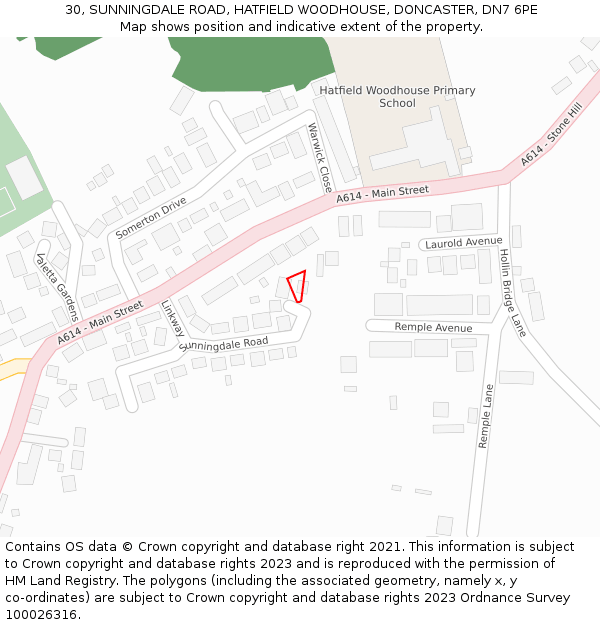 30, SUNNINGDALE ROAD, HATFIELD WOODHOUSE, DONCASTER, DN7 6PE: Location map and indicative extent of plot