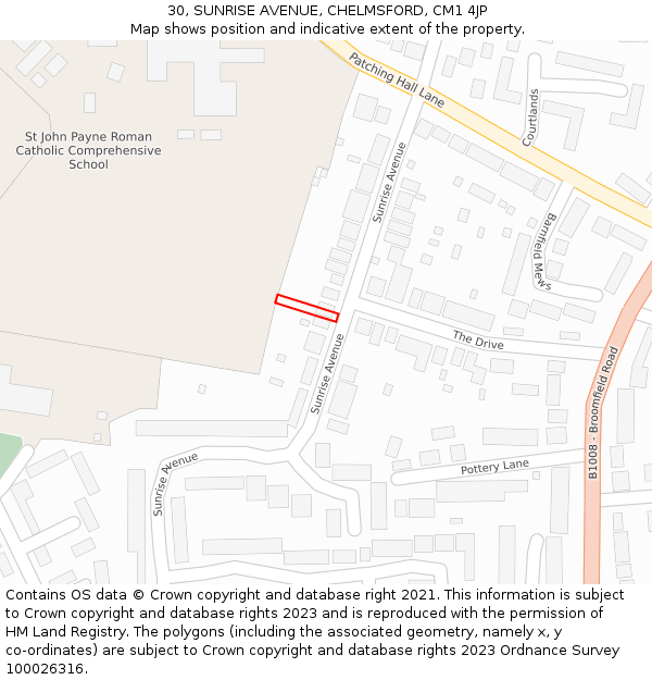 30, SUNRISE AVENUE, CHELMSFORD, CM1 4JP: Location map and indicative extent of plot