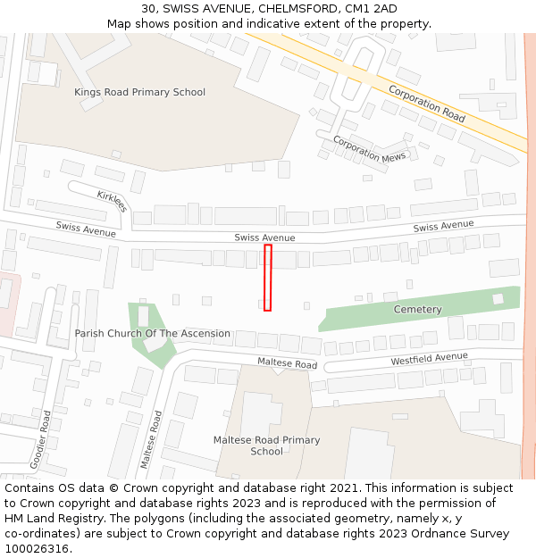 30, SWISS AVENUE, CHELMSFORD, CM1 2AD: Location map and indicative extent of plot