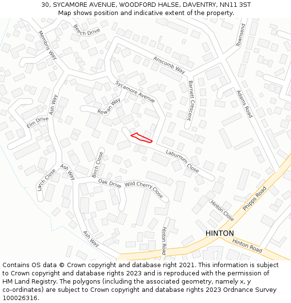 30, SYCAMORE AVENUE, WOODFORD HALSE, DAVENTRY, NN11 3ST: Location map and indicative extent of plot