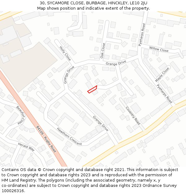 30, SYCAMORE CLOSE, BURBAGE, HINCKLEY, LE10 2JU: Location map and indicative extent of plot