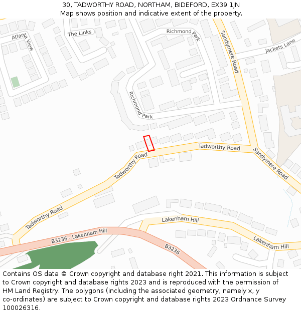 30, TADWORTHY ROAD, NORTHAM, BIDEFORD, EX39 1JN: Location map and indicative extent of plot