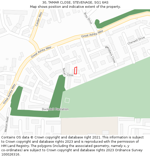 30, TAMAR CLOSE, STEVENAGE, SG1 6AS: Location map and indicative extent of plot
