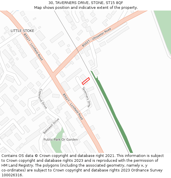 30, TAVERNERS DRIVE, STONE, ST15 8QF: Location map and indicative extent of plot