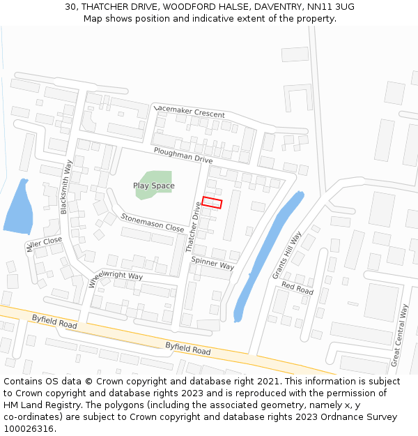 30, THATCHER DRIVE, WOODFORD HALSE, DAVENTRY, NN11 3UG: Location map and indicative extent of plot