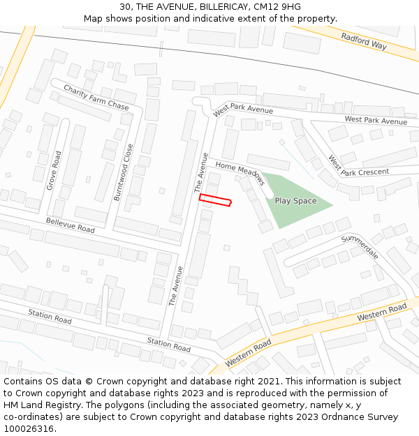 30, THE AVENUE, BILLERICAY, CM12 9HG: Location map and indicative extent of plot