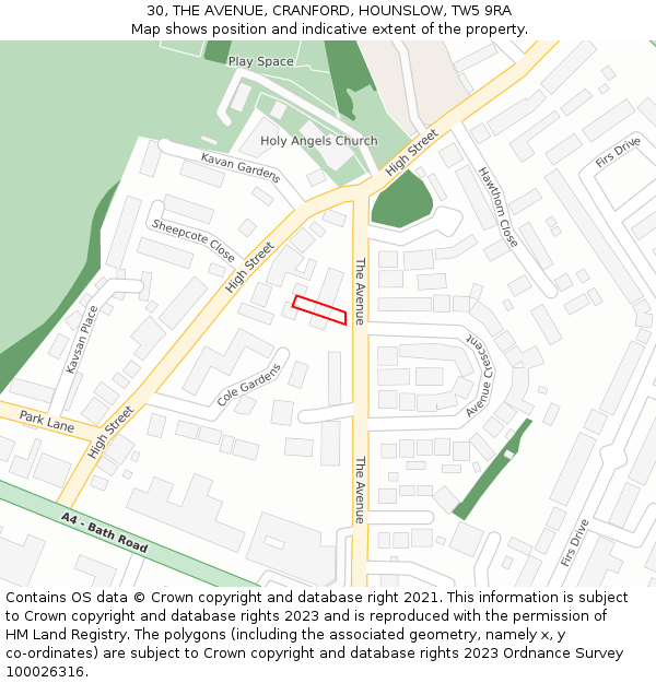 30, THE AVENUE, CRANFORD, HOUNSLOW, TW5 9RA: Location map and indicative extent of plot