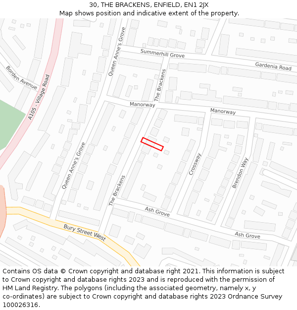 30, THE BRACKENS, ENFIELD, EN1 2JX: Location map and indicative extent of plot