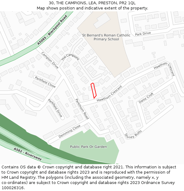 30, THE CAMPIONS, LEA, PRESTON, PR2 1QL: Location map and indicative extent of plot