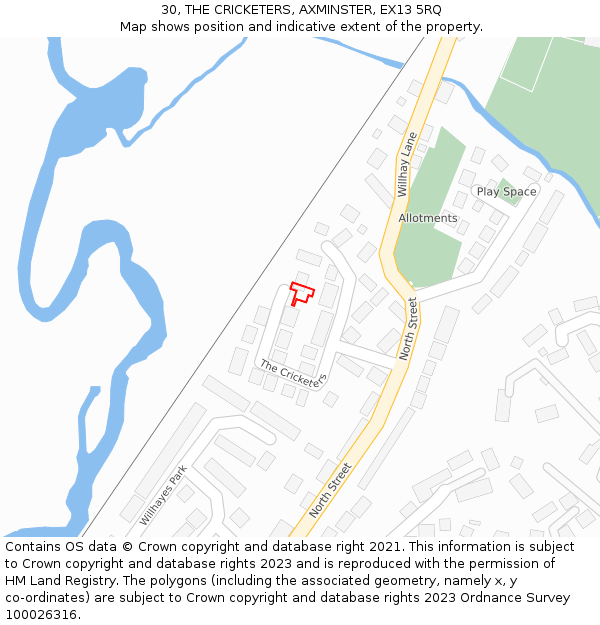 30, THE CRICKETERS, AXMINSTER, EX13 5RQ: Location map and indicative extent of plot