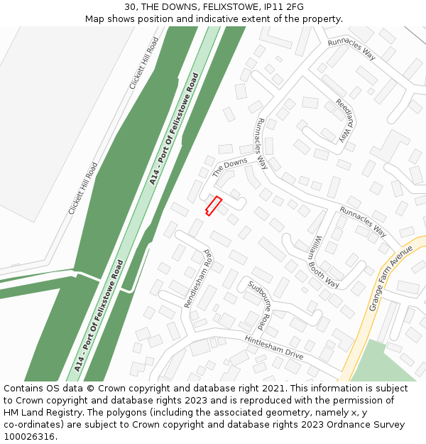 30, THE DOWNS, FELIXSTOWE, IP11 2FG: Location map and indicative extent of plot
