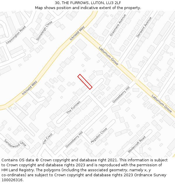 30, THE FURROWS, LUTON, LU3 2LF: Location map and indicative extent of plot