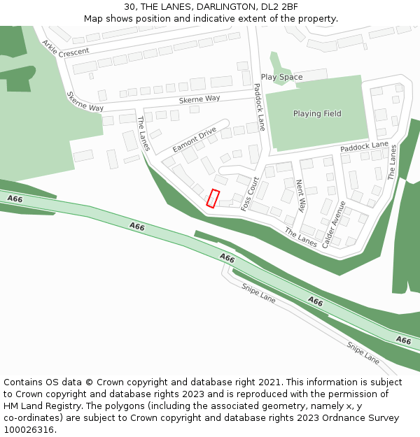 30, THE LANES, DARLINGTON, DL2 2BF: Location map and indicative extent of plot