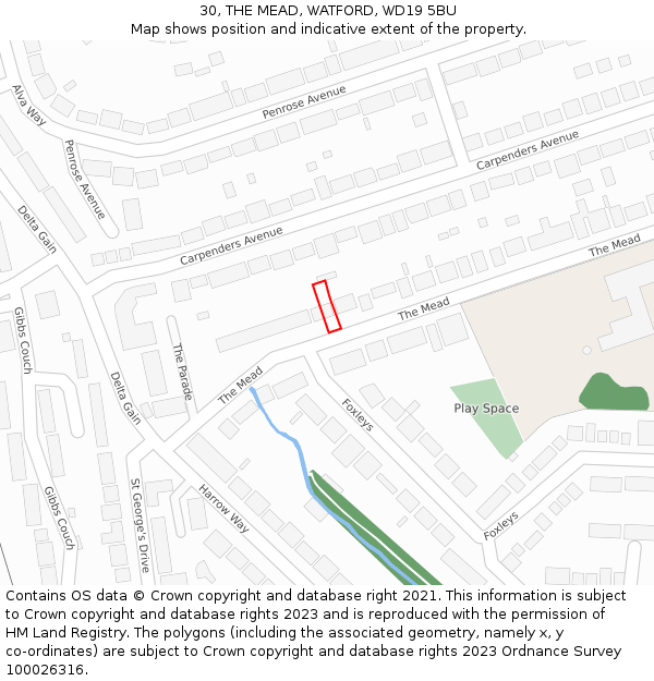 30, THE MEAD, WATFORD, WD19 5BU: Location map and indicative extent of plot