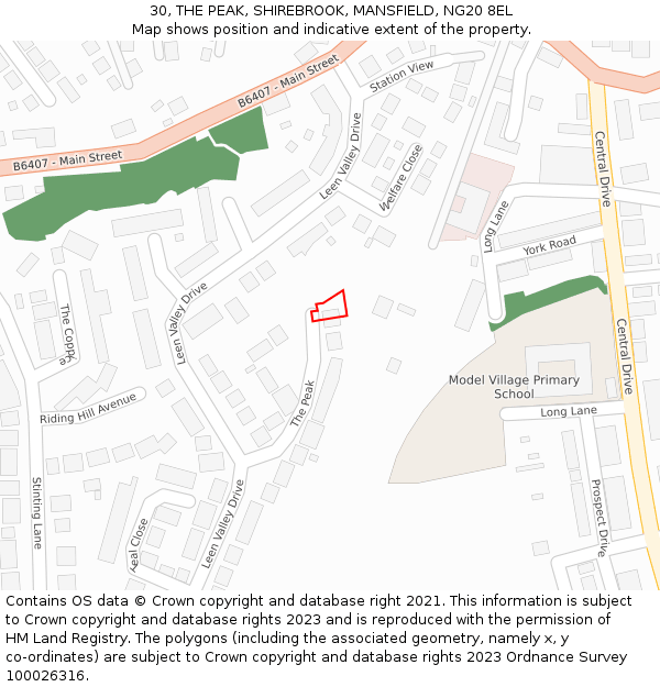30, THE PEAK, SHIREBROOK, MANSFIELD, NG20 8EL: Location map and indicative extent of plot