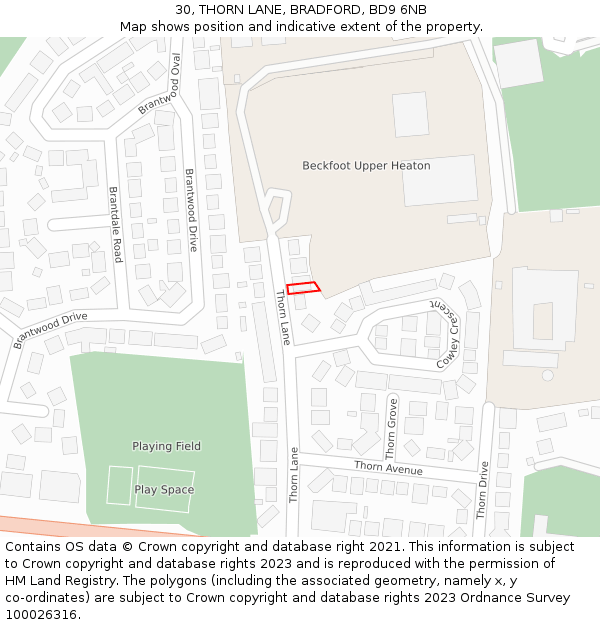 30, THORN LANE, BRADFORD, BD9 6NB: Location map and indicative extent of plot