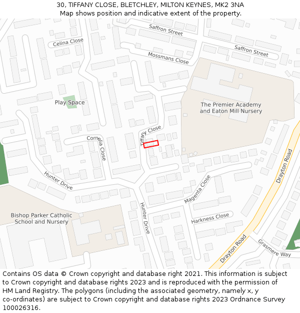30, TIFFANY CLOSE, BLETCHLEY, MILTON KEYNES, MK2 3NA: Location map and indicative extent of plot