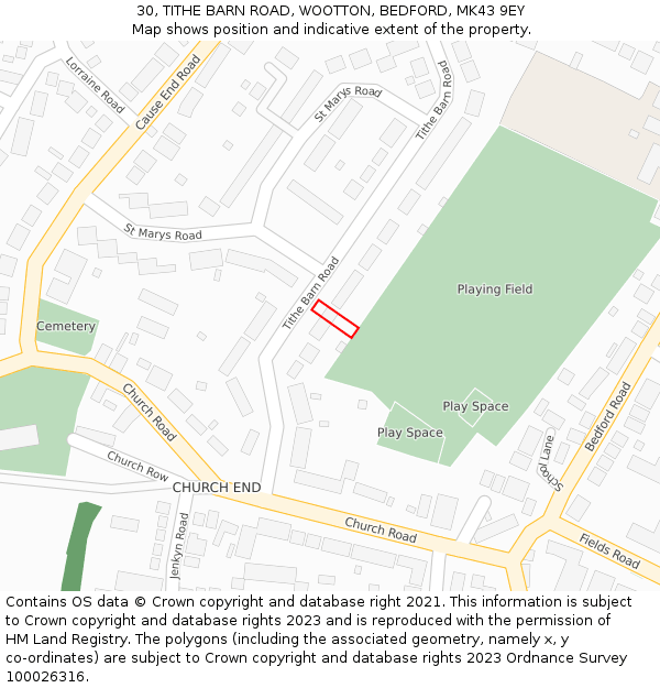 30, TITHE BARN ROAD, WOOTTON, BEDFORD, MK43 9EY: Location map and indicative extent of plot