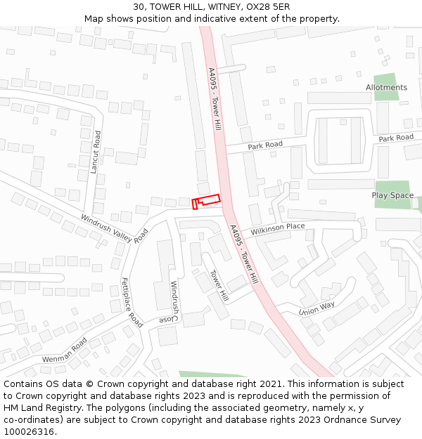 30, TOWER HILL, WITNEY, OX28 5ER: Location map and indicative extent of plot