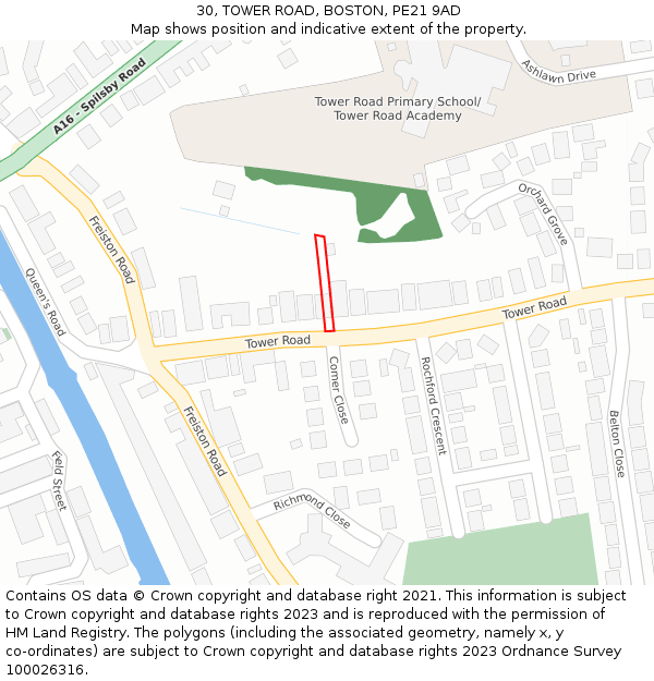 30, TOWER ROAD, BOSTON, PE21 9AD: Location map and indicative extent of plot