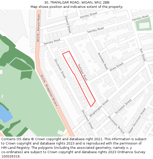 30, TRAFALGAR ROAD, WIGAN, WN1 2BB: Location map and indicative extent of plot