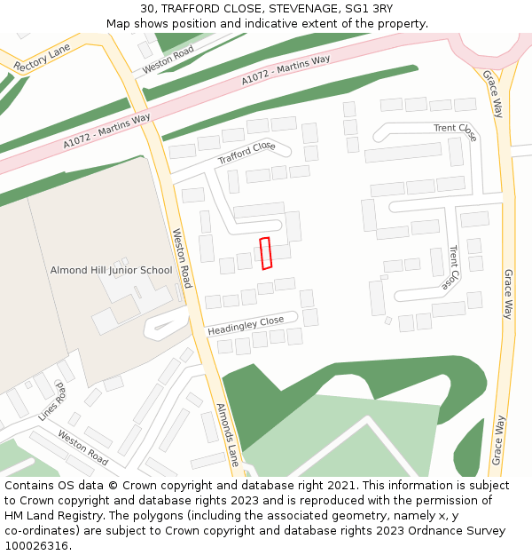 30, TRAFFORD CLOSE, STEVENAGE, SG1 3RY: Location map and indicative extent of plot