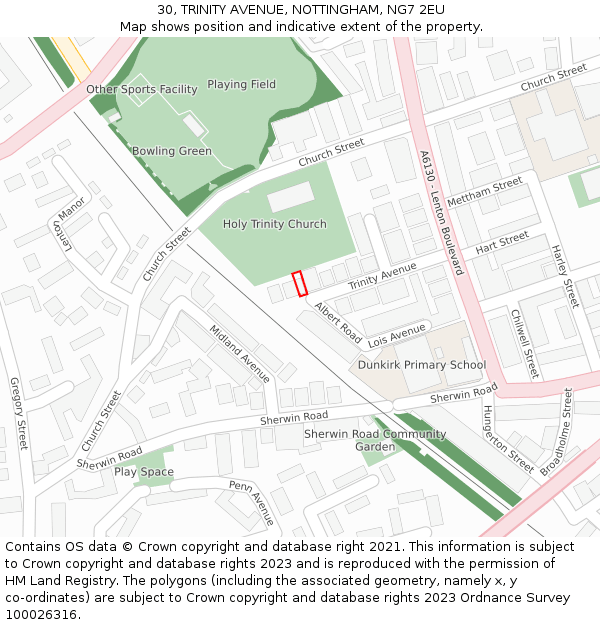 30, TRINITY AVENUE, NOTTINGHAM, NG7 2EU: Location map and indicative extent of plot