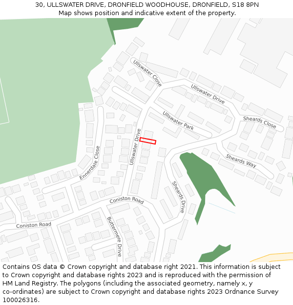 30, ULLSWATER DRIVE, DRONFIELD WOODHOUSE, DRONFIELD, S18 8PN: Location map and indicative extent of plot