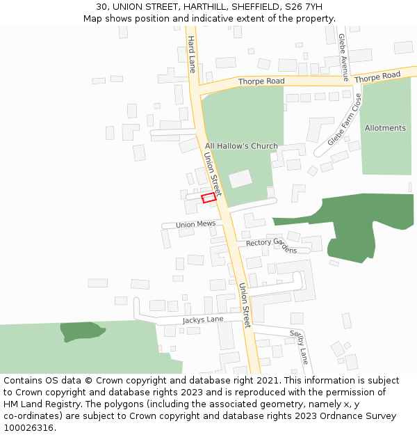 30, UNION STREET, HARTHILL, SHEFFIELD, S26 7YH: Location map and indicative extent of plot