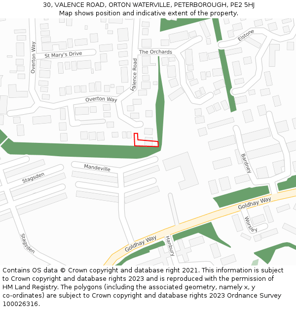 30, VALENCE ROAD, ORTON WATERVILLE, PETERBOROUGH, PE2 5HJ: Location map and indicative extent of plot