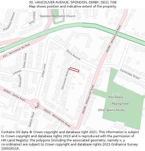 30, VANCOUVER AVENUE, SPONDON, DERBY, DE21 7GB: Location map and indicative extent of plot