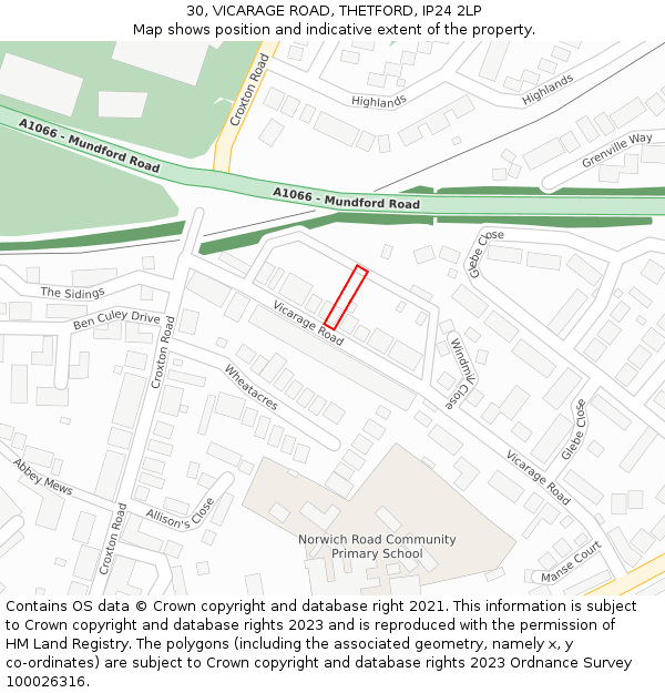 30, VICARAGE ROAD, THETFORD, IP24 2LP: Location map and indicative extent of plot