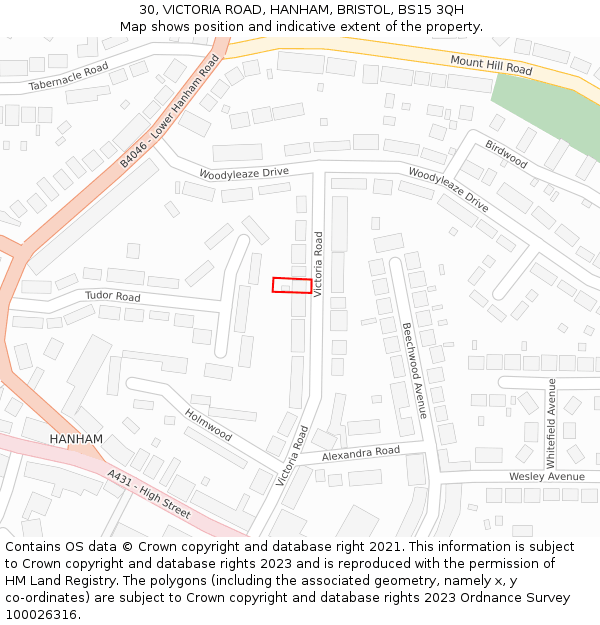 30, VICTORIA ROAD, HANHAM, BRISTOL, BS15 3QH: Location map and indicative extent of plot