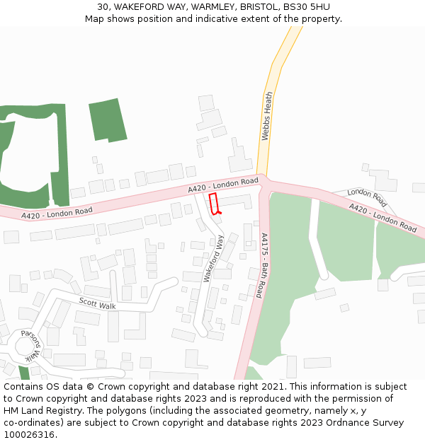 30, WAKEFORD WAY, WARMLEY, BRISTOL, BS30 5HU: Location map and indicative extent of plot
