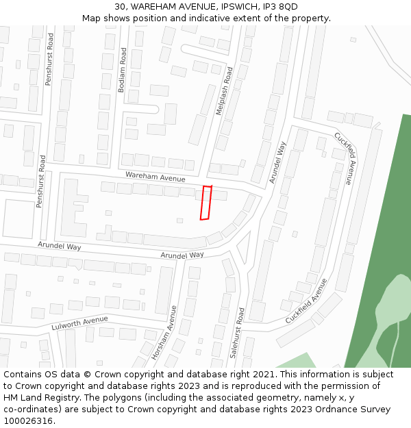 30, WAREHAM AVENUE, IPSWICH, IP3 8QD: Location map and indicative extent of plot