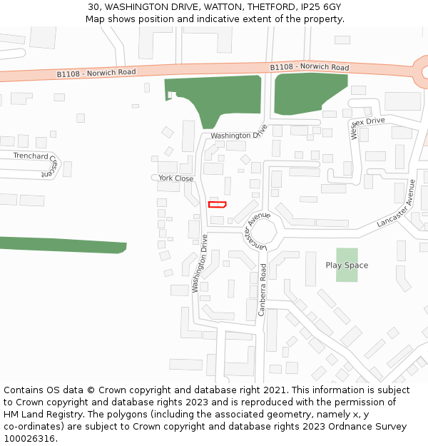 30, WASHINGTON DRIVE, WATTON, THETFORD, IP25 6GY: Location map and indicative extent of plot