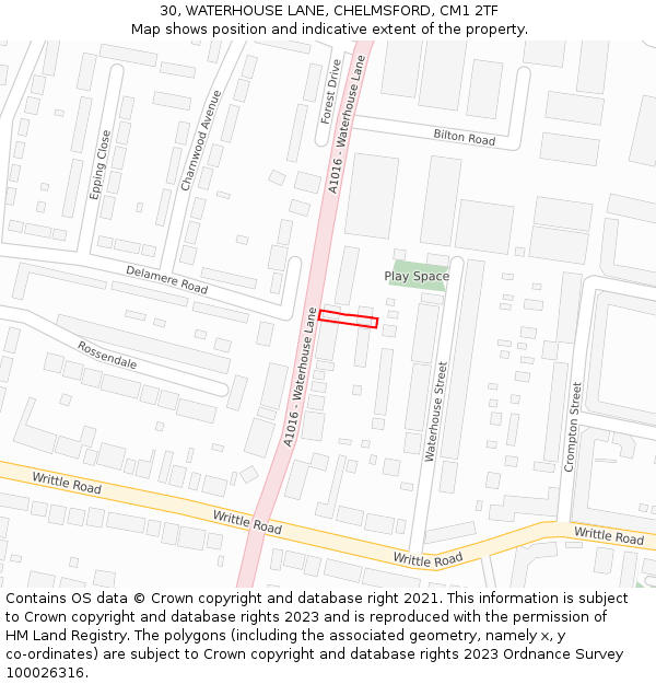 30, WATERHOUSE LANE, CHELMSFORD, CM1 2TF: Location map and indicative extent of plot