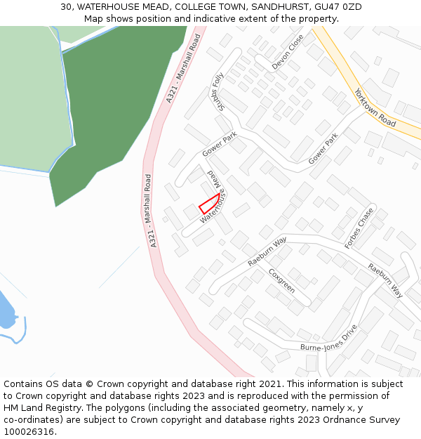30, WATERHOUSE MEAD, COLLEGE TOWN, SANDHURST, GU47 0ZD: Location map and indicative extent of plot