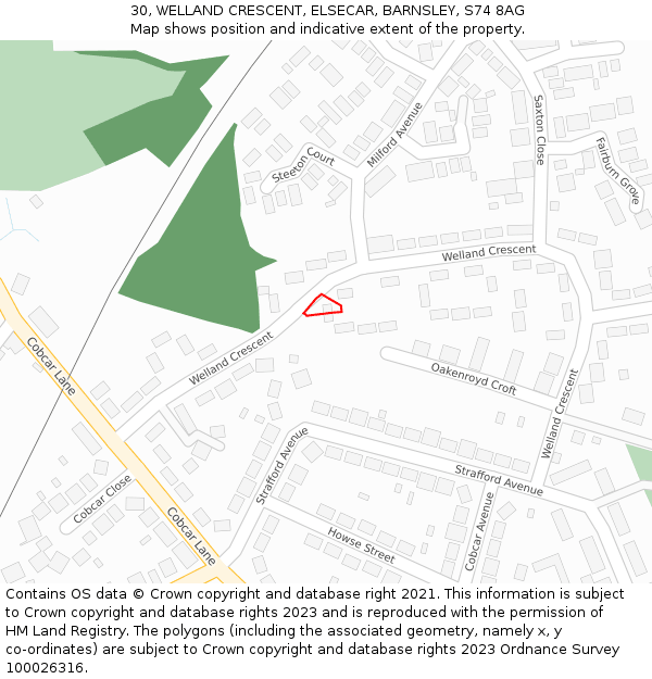 30, WELLAND CRESCENT, ELSECAR, BARNSLEY, S74 8AG: Location map and indicative extent of plot