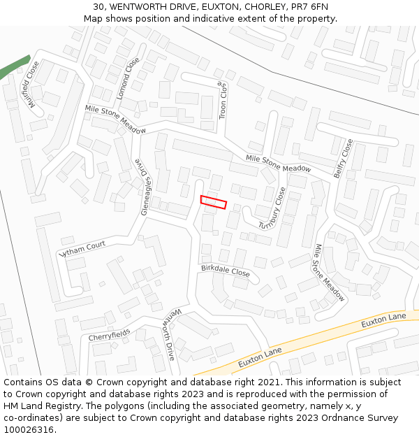 30, WENTWORTH DRIVE, EUXTON, CHORLEY, PR7 6FN: Location map and indicative extent of plot