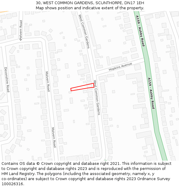 30, WEST COMMON GARDENS, SCUNTHORPE, DN17 1EH: Location map and indicative extent of plot