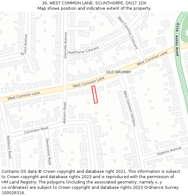 30, WEST COMMON LANE, SCUNTHORPE, DN17 1DX: Location map and indicative extent of plot