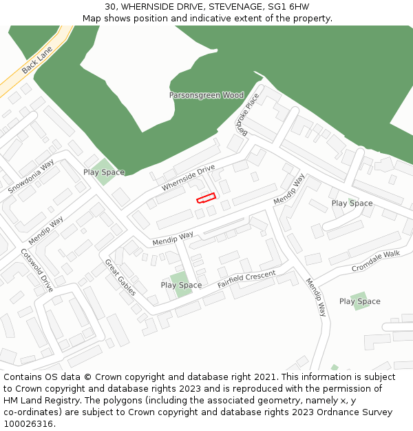 30, WHERNSIDE DRIVE, STEVENAGE, SG1 6HW: Location map and indicative extent of plot